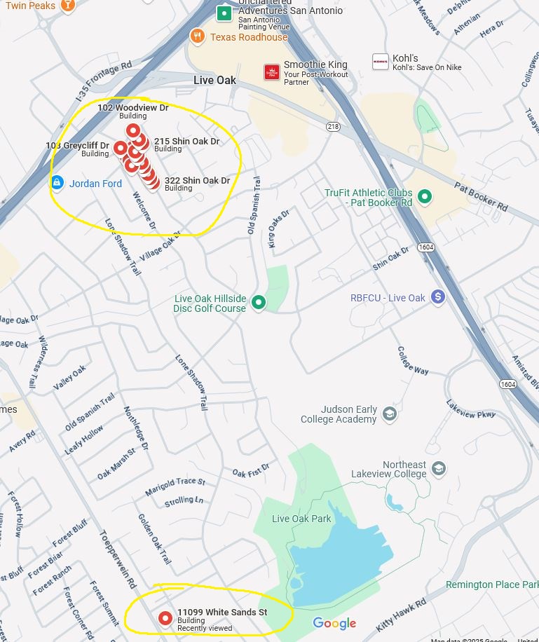 Map showing flooding sites in Live Oak